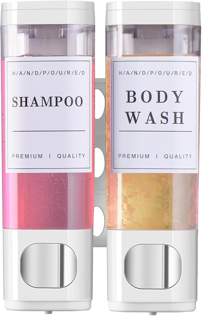 Shampoo and Conditioner Dispenser Bathroom Shower Soap Dispenser Wall Mounted Shampoo Dispenser for Shower Wall No Drill 2 * 300ml White 2 Chamber with Waterproof Labels