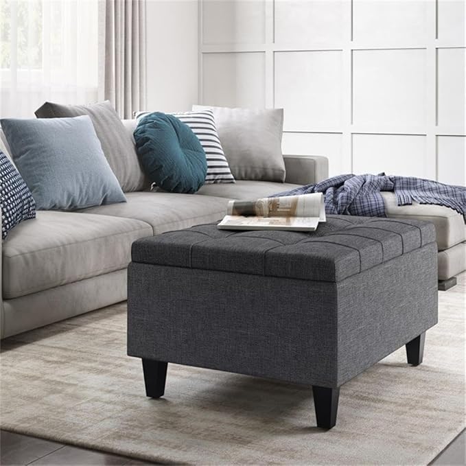 SIMPLIHOME Harrison Small Coffee Table Storage Ottoman - 34 inch Wide Upholstered Linen Look Fabric Rectangular Lift-Top Ottoman in Slate Grey, Transitional Ottoman for Living Room with Hidden Storage