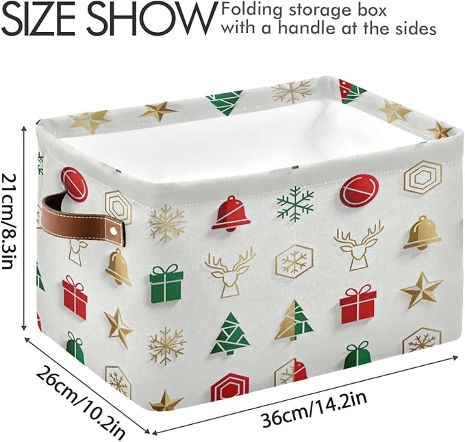 Christmas Storage Basket, Collapsible Fabric Container with Holiday Pattern, 14.2x10.2x8.3 Inches, Leather Handles, Multi-Purpose Home Organization