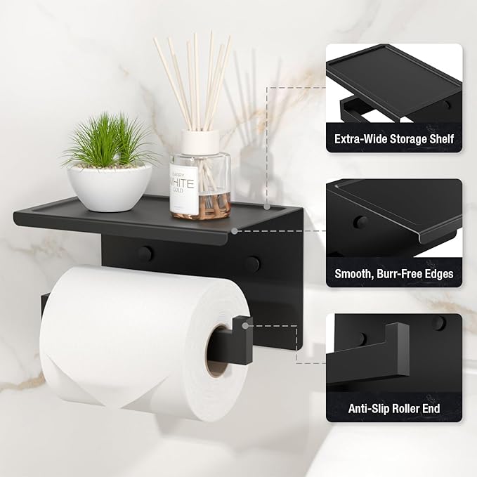HITSLAM Toilet Paper Holder with Shelf, Stick on Matte Black Toilet Paper Roll Holder, Self Adhesive or Wall-Mount with Screws for Bathroom,Washroom