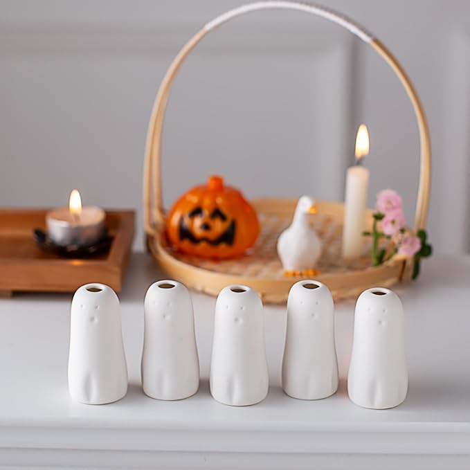 MOUGIGI Set of 5 Cute Ghost Mini Bud Vases for Halloween Decor - Handmade Miniature Ceramic Vases for Small Flowers, Single Stem Flowers - Unique Home Decor, Wedding Party Favor, Birthday Gift