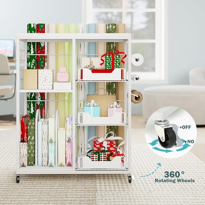 LUCKUP Rolling Wrapping Paper Organizer Cart – Gift Wrap Storage with Wheels, 20 Roll Holders, 3 Drawers & Ribbon Dispenser, Craft Organizer for Christmas, Birthdays, White