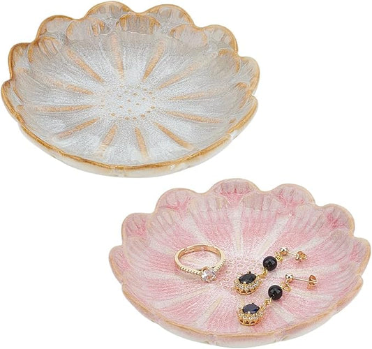 NBEADS 2 Pcs Ceramic Jewelry Tray, Lotus Flower Ring Dish Holder Porcelain Trinket Tray Decorative Trinket Plate for Ring Necklace Bracelet Jewelry Watch Key Gift, Whitesmoke/Pink