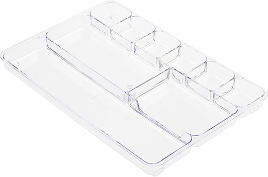 Lorell Drawer Tray Organizer, 9-Compartments, 9.38" x 14" x 1.25", Plastic, Clear
