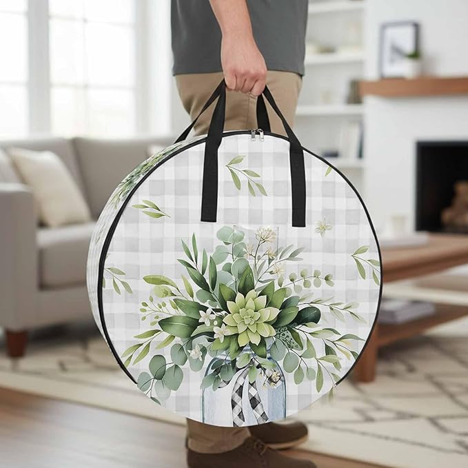 Storage Bag Eucalyptus Leaves Vase Round Storage Totes Bins Closet Organizers with Zippers & Handle Green Leaf Floral Grey Plaid Clothes Storage Container for Bedroom Space Saving Packing Supplies