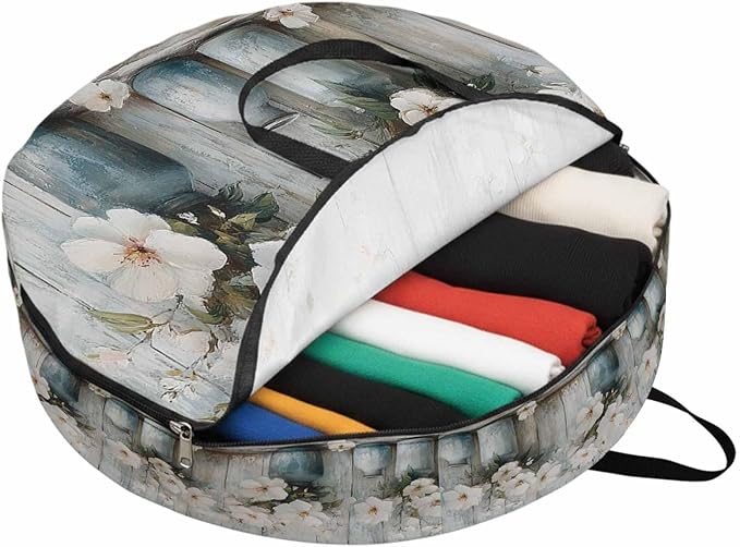 White Camellia Round Storage Bag 36 Inch, Spring Vintage Flower Oil Painting Style Wood Grain Clothes Storage Container with Handles Heavy Duty Organizer for Comforter, Bedding & Holiday Wreaths