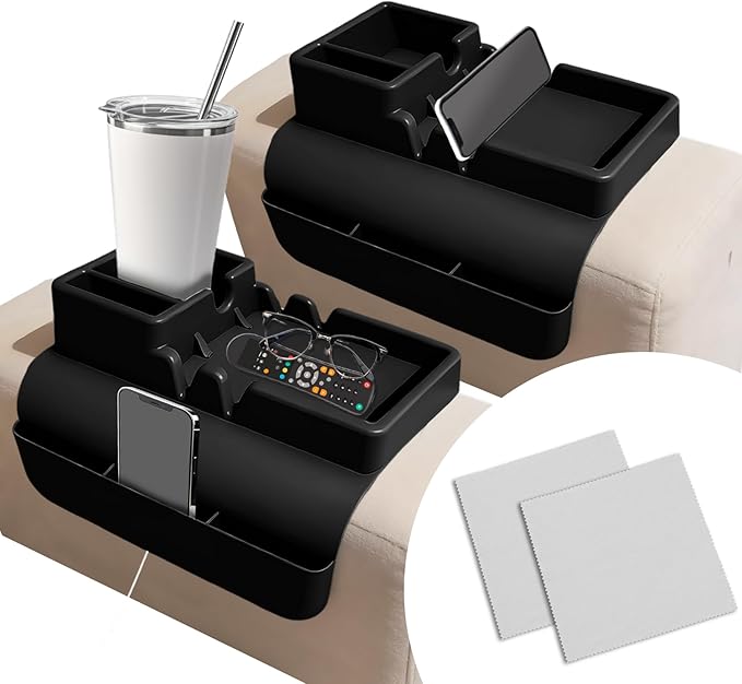 2Pcs Black Couch Cup Holder Tray, Couch Arm Cup Holder, Large Anti-Slip Couch Cups Holder with Side Pocket, Silicone Sofa Armrest Organizer for Snacks/Remote/Phone/Fruit, Gift for Women