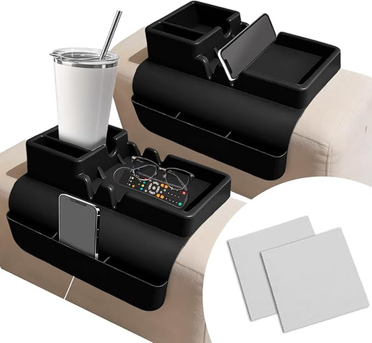 2Pcs Black Couch Cup Holder Tray, Couch Arm Cup Holder, Large Anti-Slip Couch Cups Holder with Side Pocket, Silicone Sofa Armrest Organizer for Snacks/Remote/Phone/Fruit, Gift for Women
