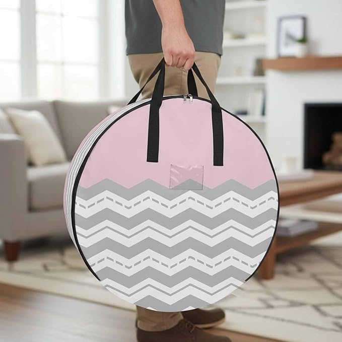 Storage Bag Pink Grey Waves Round Storage Totes Bins Closet Organizers with Zippers & Handle Chevron Stripe Clothes Storage Container for Bedroom Dorm Space Saving Packing Supplies Moving Bags