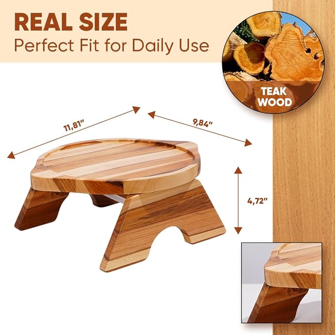 11.81" x 9.84" Teak Wood Couch Arm Tray, Folding Sofa Armrest Table, Clip-On Couch Arm Table for TV Dinner, Drinks & Snacks, Compact Tray Table, Small Side Table