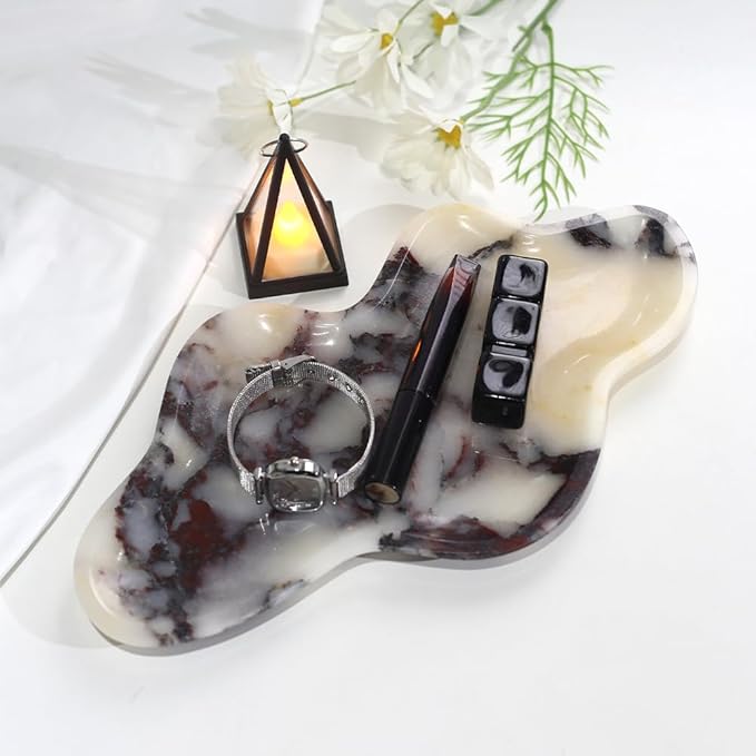 Handcrafted Marble Decorative Tray, Cloud Shaped Tray for Vanity, Unique Trinket Dish for Jewelry Ring Necklace, Natural Stone Key Tray for Entrance Living Room Vanity (Calacatta-Viola 11.8" x 6.3")