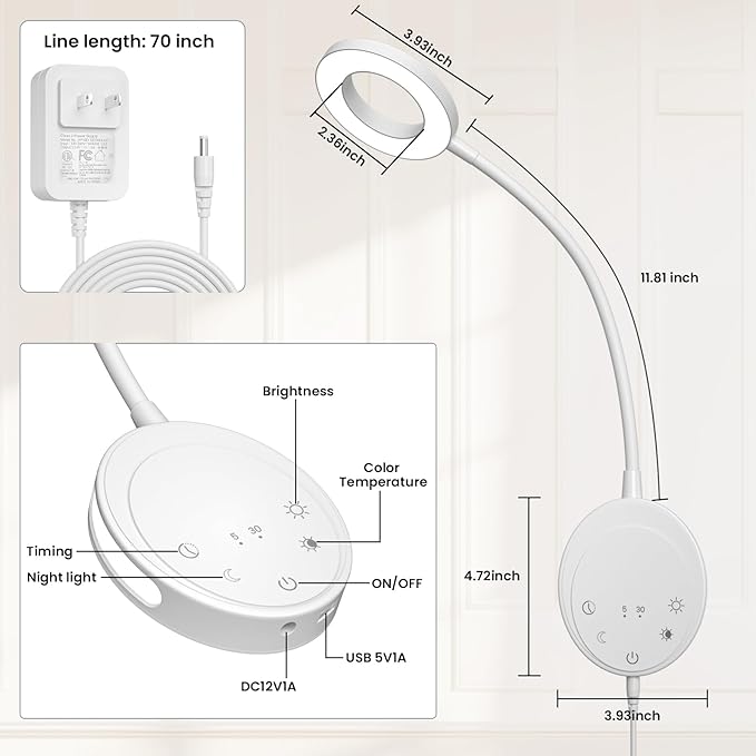 Wall Mounted Reading Light,Bedside Headboard Lights with 5 Color Temperature &5 Dimming,360°Flexible Gooseneck,USB Output, Night Light&Timer Function- Perfect for Reading (White)