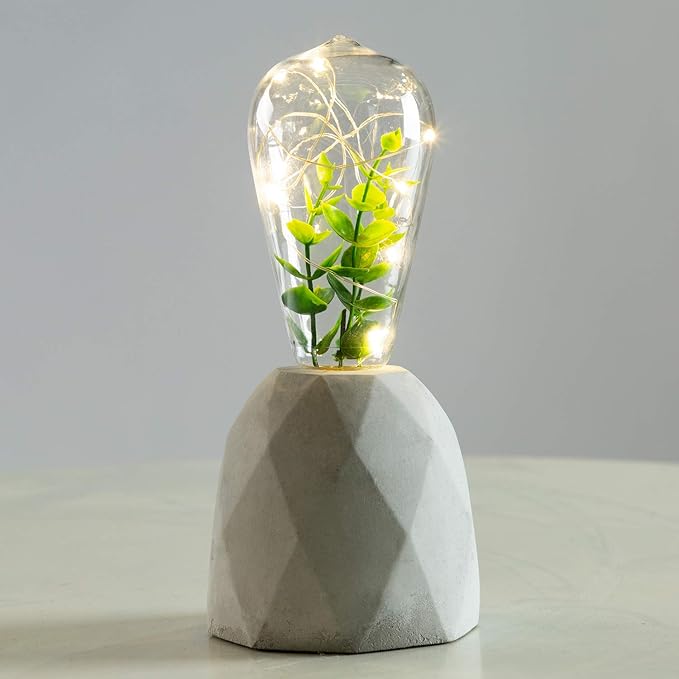 walsport Table Lamp Edison Bulb with Artificial Plant, Concrete Cement Grey Base Nightstand Bedside Lamp, Industrial Minimal Style for Cafe Shop Home Decor Christmas Birthday Christmas Gift