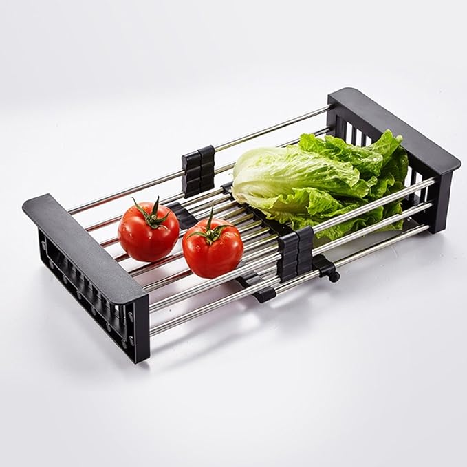 Sink Dish Drying Rack, Stainless Steel Drainer for 12.5"-20.5" Sinks, Kitchen Countertop Organizer for Dishes, Vegetables, and Fruits (Black & Large Size)