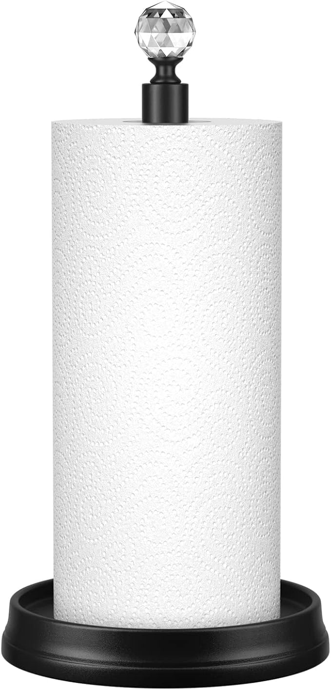 KASUNTO Crystal Head Paper Towel Holder - Steel Countertop Stand for Kitchen, Bars & Dining Tables - Fits Standard & Jumbo Rolls - Matte Black