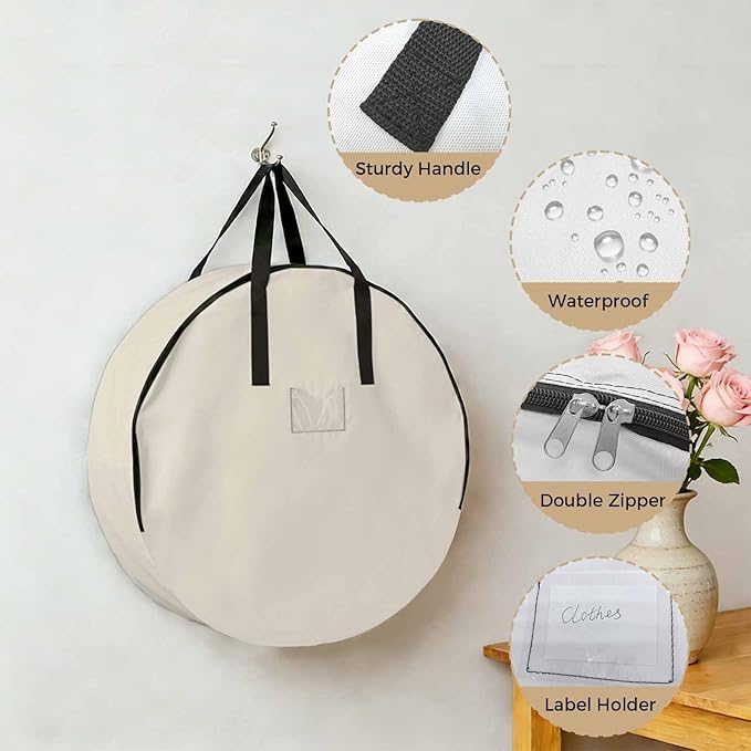 24 Inch Round Storage Bag 1 Pack,Modern Solid Color Cream Art Waterproof Wreath Storage Container with Handles&Zipper Simple Minimalist Style Closet Organizer Bags Garland Box