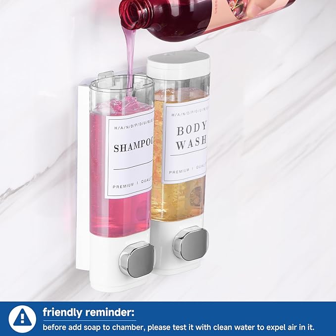 Shampoo and Conditioner Dispenser Bathroom Shower Soap Dispenser Wall Mounted Shampoo Dispenser for Shower Wall No Drill 2 * 300ml White 2 Chamber with Waterproof Labels