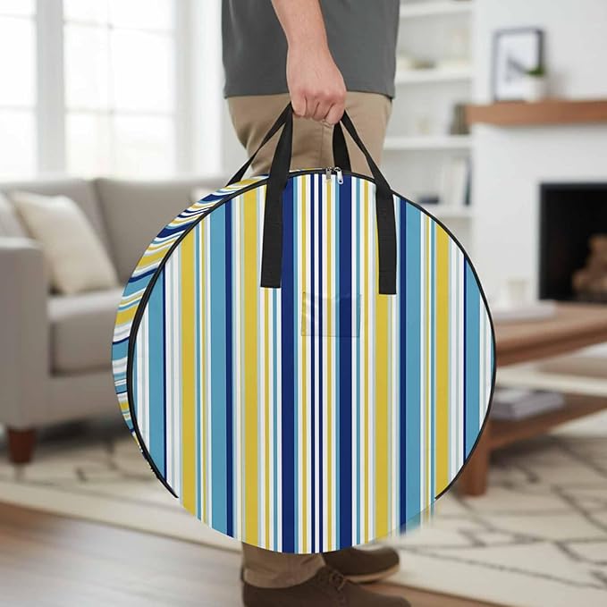 Storage Bag Navy Blue Striped Round Storage Totes Bins Closet Organizers with Zippers & Handle Geometric Yellow Stripes Clothes Storage Container for Bedroom Dorm Space Saving Packing Supplies Bags