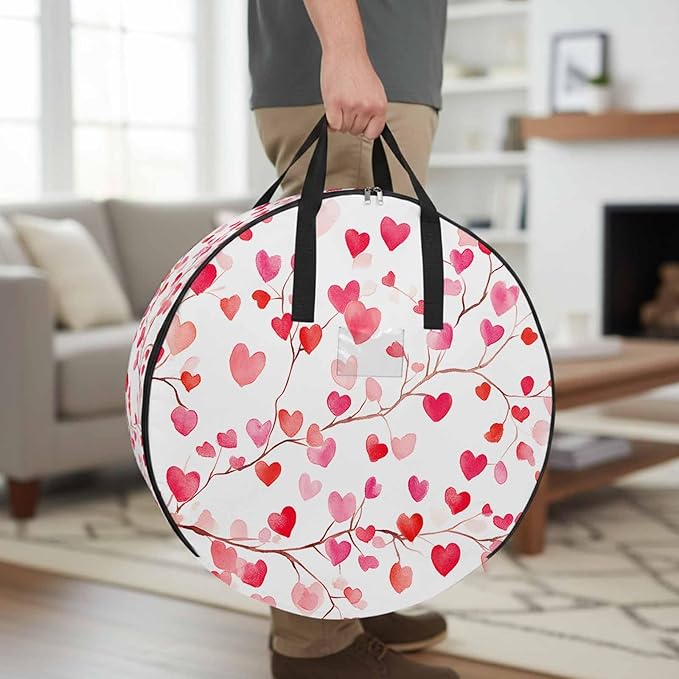Valentine's Day Round Storage Bag 30 Inch, Romantic Watercolor Red Gradient Love Heart Tree Clothes Storage Container with Handles Heavy Duty Organizer for Comforter, Bedding & Holiday Wreaths