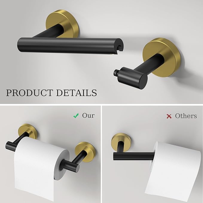 Black and Gold Toilet Paper Holder & Towel Holder, Bathroom Hardware Set-SUS304 Stainless Steel Double Post Pivoting Tissue Roll Holder and Hand Towel Ring Set for Bathroom, RV