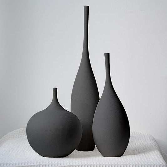 Relexome Black Ceramic Vase Modern Boho Wabi-Sabi Flower Vase Set of 3 Decorative Aesthetic Vases for Centerpieces Matte Minimalist Vases for Living Room Table Shelf Home Decor Gift