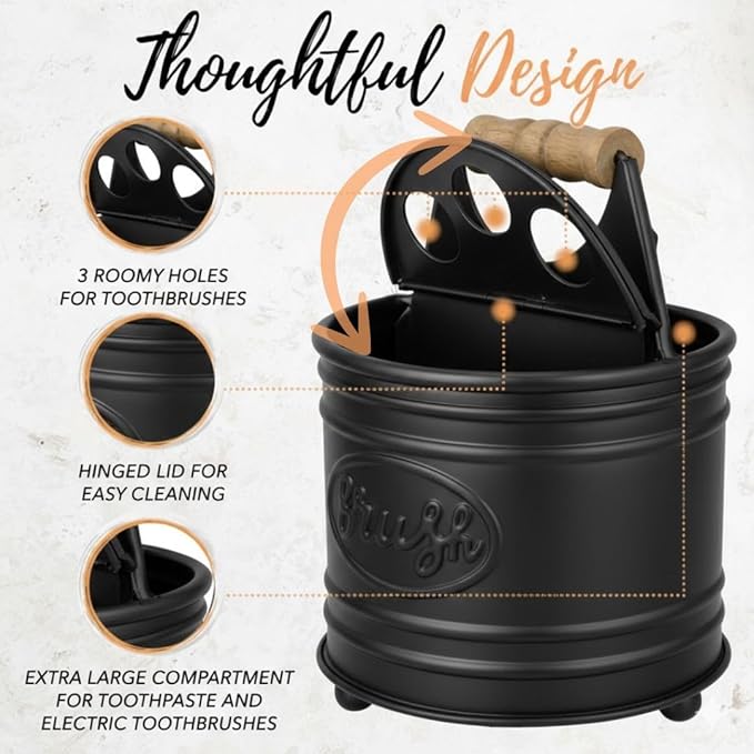 Autumn Alley Adorable Farmhouse Toothbrush Holder for Bathroom, Black Rustic Bathroom Accessories, Galvanized Country Decor, Fun black toothbrush holder with Rustic Design & Electric Toothbrush Holder