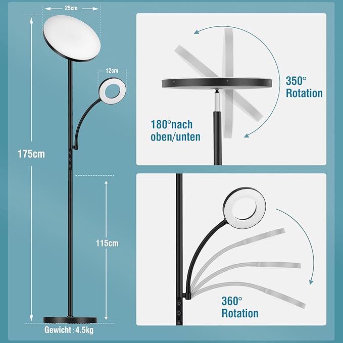 2025 Floor Lamp, 42W 4200LM Torchiere LED Lamp for Living Room, Stepless Dimming Floor Lamps with Remote Control, 2700K-6500K Color, 70" Tall Standing Lamp with Reading Light for Bedroom, Off-black