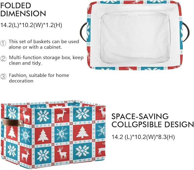 Christmas Storage Basket, Collapsible Canvas Organizer with Snowflake Reindeer Pattern, 14.2x10.2x8.3 Inches, Water Resistant Rectangular Box for Bedroom Storage