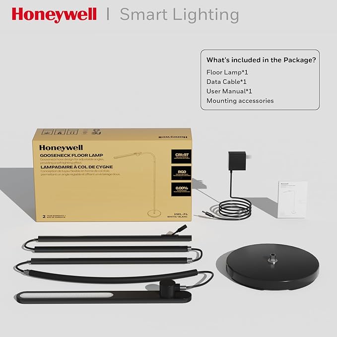 Honeywell LED Floor Lamp for Reading, CRI97 Full Spectrum Eye-Caring Task Lamp, Stepless Dimmable 3000K-5000K Standing Lamp with Flexible Gooseneck, 77.5" Tall for Living Room, Bedroom, Office