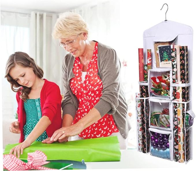 Wrapping Paper Storage Bag, Christmas Wrapping Paper Organizer 37.40x5.51 Inch Large Capacity Wall Hanging Double-Sided Transparent with 10 Pockets Space-Saving Rear Storage Bag with Zipper