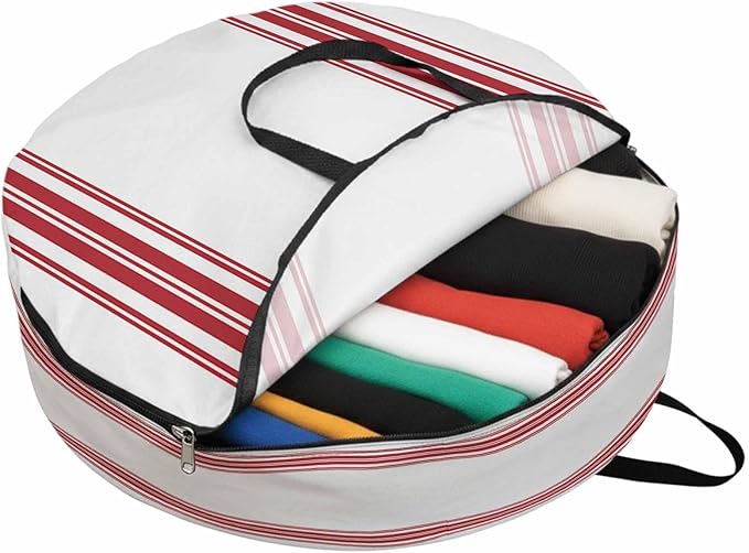 Storage Bag Red Ticking Vertically Stripe Round Storage Totes Bins Closet Organizers with Zippers & Handle Simple Style White Clothes Storage Container for Bedroom Dorm Space Saving Packing Supplies