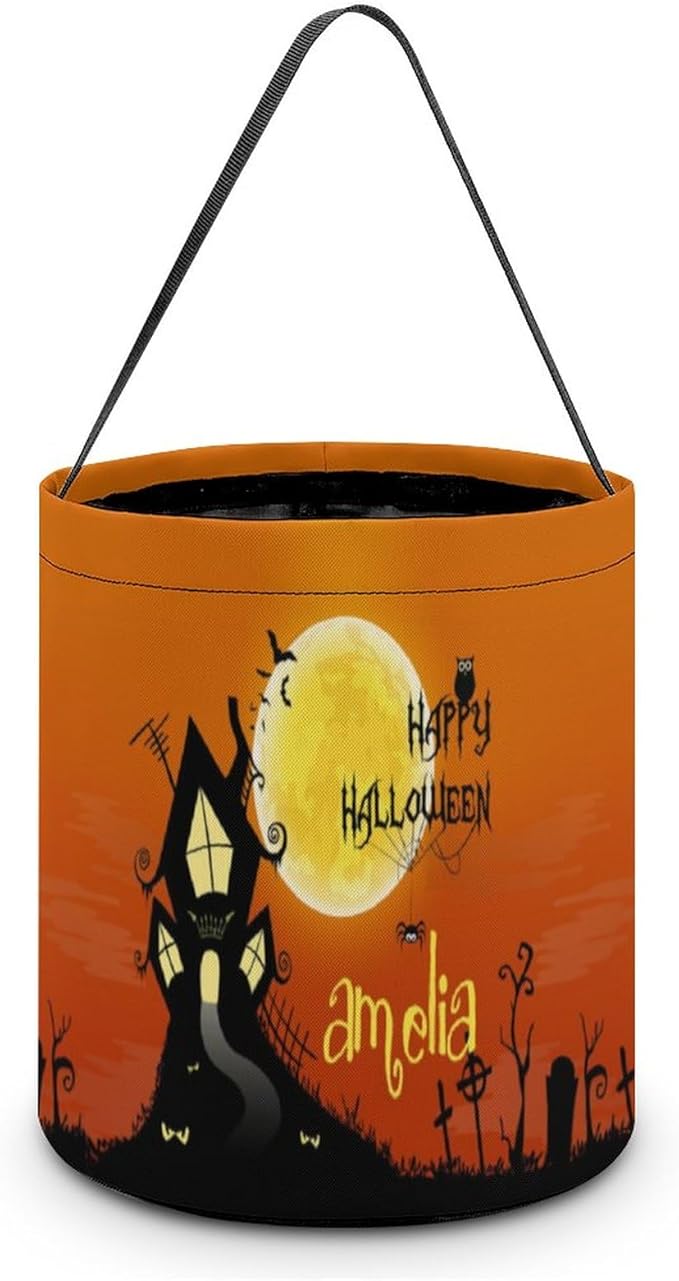 Personalized Halloween Trick or Treat Candy Bag with Name Custom Text Party Tote Bucket Halloween Candy Basket Gift (Bag-8)