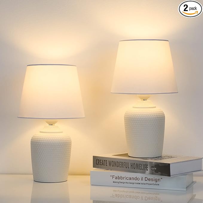 Sucolite Small 11.8" Table Lamps Set of 2, Bedside Nightstand Lamps for Bedroom Kid’s Room, Cute Desk Lamps with Studded Texture Base for Reading Nursery Living Room Office, White