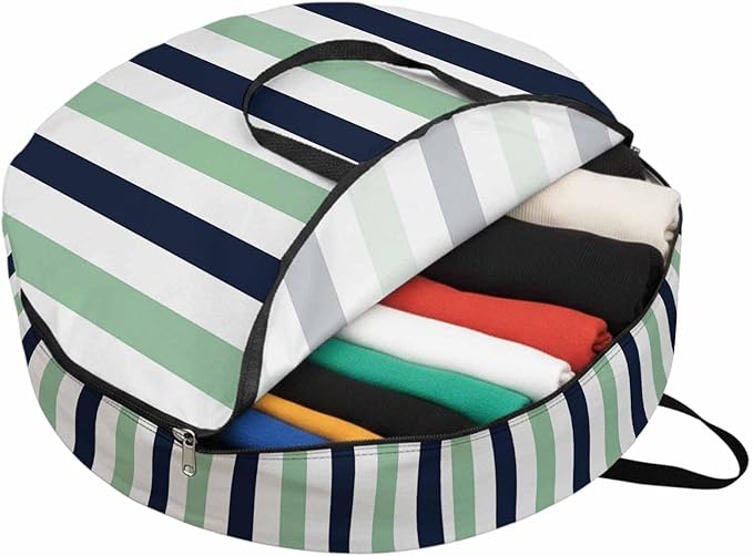 Storage Bag Navy Blue Stripes Round Storage Totes Bins Closet Organizers with Zippers & Handle Green Contrast Striped Clothes Storage Container for Bedroom Dorm Space Saving Packing Supplies Bags
