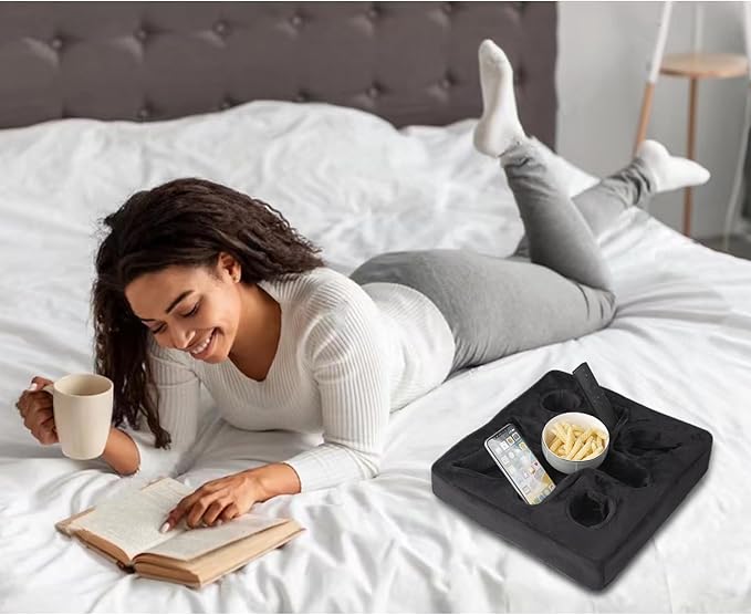 Couch and Bed Cup Holder Pillow, Sofa Refreshment Tray for Drinks/Remote Control/Snacks Holder (Black)