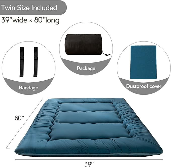MAXYOYO Japanese Floor Mattress Futon Mattress, Thicken Sleeping Pad Foldable Roll Up Floor Futon for Adults Tatami Mat Dormitory Lounger, Bluestone, Twin Size