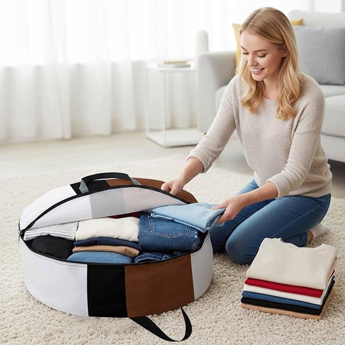 Storage Bag Brown Black Stripe Round Storage Totes Bins Closet Organizers with Zippers & Handle Boho Style Clothes Storage Container for Bedroom Dorm Space Saving Packing Supplies Moving Bags
