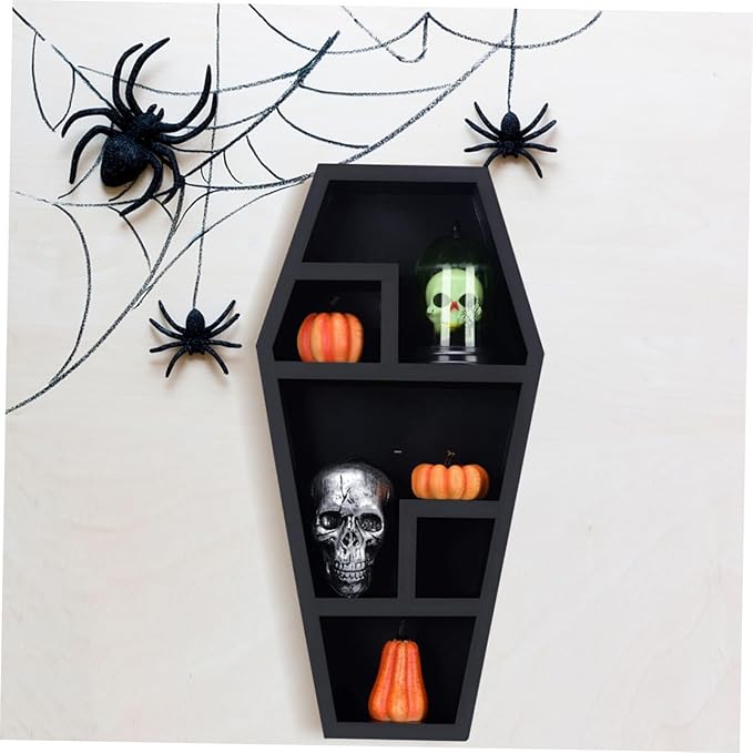 Homoyoyo Gothic Coffin Shelf Organizer for Halloween Decor Coffin Storage Rack for Candles Books and Figurines Lightweight and Compartment Display Shelf for Horror Themed Rooms