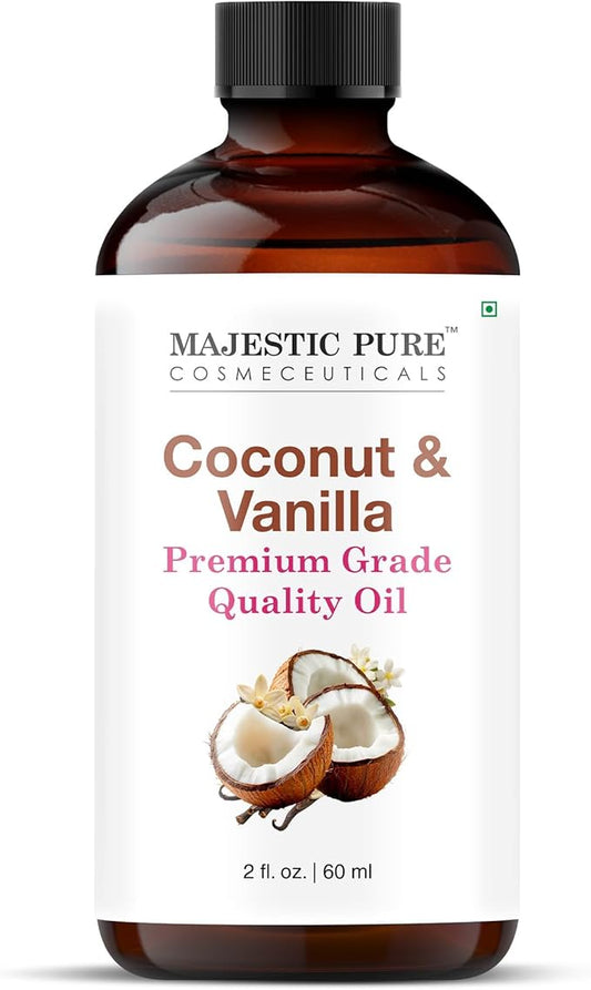 Majestic Pure Essential Oil with Glass Dropper - 100% Pure and Natural - Essential Oils for Diffuser, Aromatherapy, Soap and Candle Making, Coconut Vanilla Essential Oil, Coconut Vanilla Oil, 2 Fl Oz