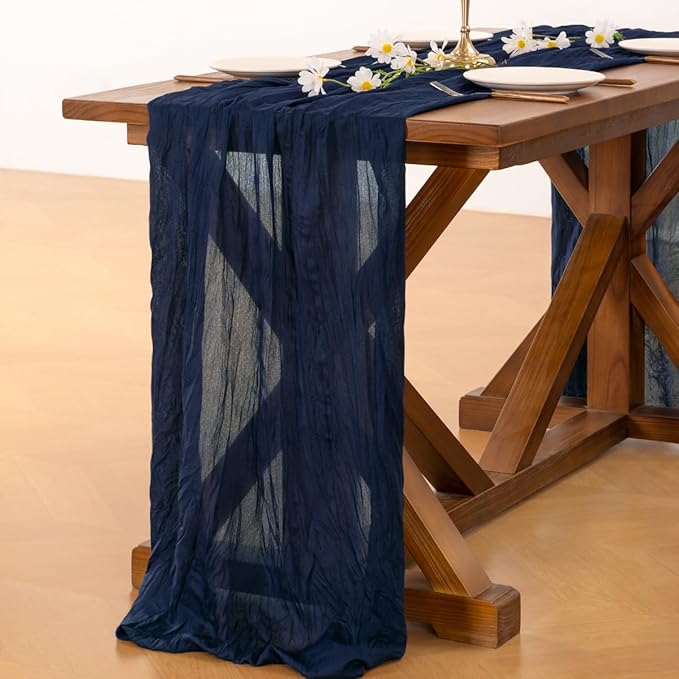 Socomi 6pcs Navy Blue Easter Spring Cheesecloth Table Runner Boho Rustic Gauze 120 inch 10FT Cheese Cloth Runner for Wedding Party Baby Shower Birthday Home Decor Holiday Decorations