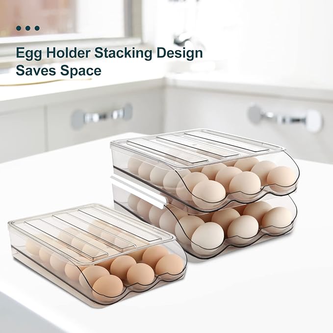 MesRosa Egg Holder for Fridge,Automatically Rolling Egg Storage Container for Refrigerator,Egg Organizer for Fridge with Lid,Clear Plastic Dispenser, Tray & Box -3 Layer