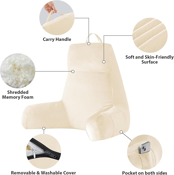 IPYNBAP Back Pillow for Bed Sitting up, Reading Pillow for Sitting in Bed Adult, Back Support Pillow, Memory Foam Sit up Lounge Backrest Pillow with Arms for TV, Couch, Chair, Dorm, 24 Inch, Beige
