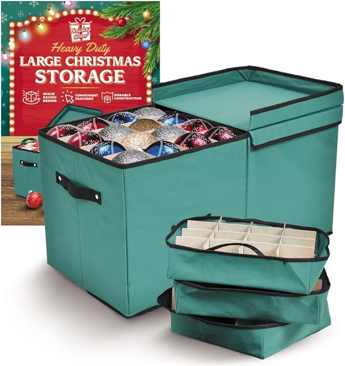 Holiday Cheer Premium Christmas Ornament Storage with 8 Tray – Christmas Storage Container with Dividers Perfect for Holiday Decorations– Fits 128 Holiday Ornaments – Tear-Proof Fabric