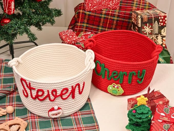 Personalized Handmade Kids Christmas Eve Gift Basket Cotton Rope Storage Basket with Name Large Capacity