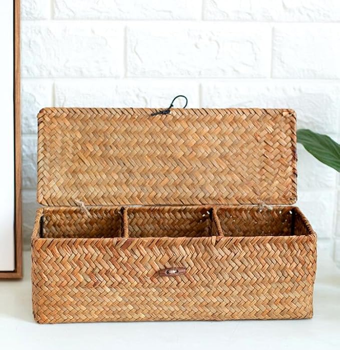 EatingBiting 13"x5" Seagrass Storage Basket with Lid Rectangular Small Woven Shelf Baskets Organize Hand Woven Storage Baskets Dust Clothing Storage-Box Wardrobe Container Sundries Organizer 3 Grids