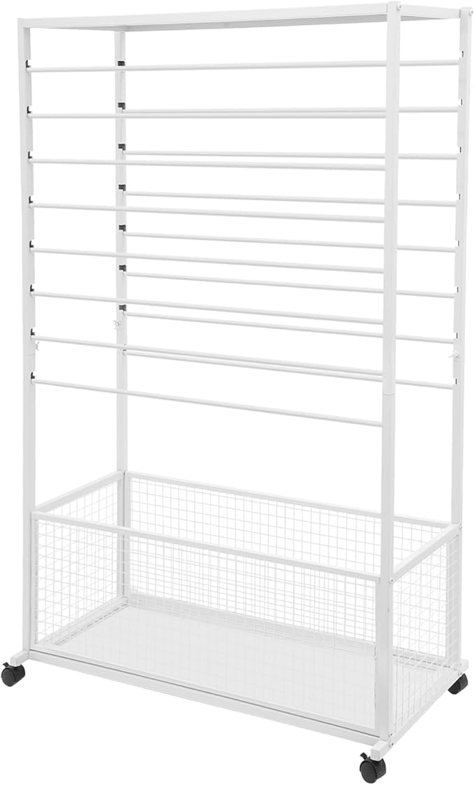 16 Tier Ribbon Holder Organizer Rack, Metal Double-Sided Ribbon Spool Storage Shelf with Wheels, Rolling Flower Wrapping Paper Storage Stand for Craft Room Flower Shop Gift Wrapping(Wider, White)