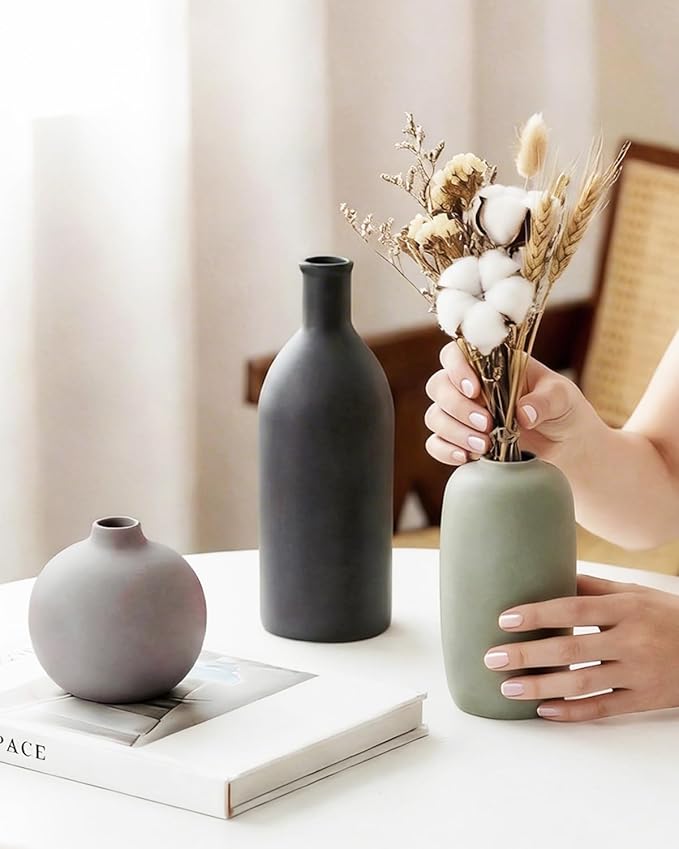 Ceramic Modern Vase Set of 3, Neutral Small Pottery Vases for Home Decor, Rustic Farmhouse Decor for Pampas Grass Dried Fresh Flowers, Decorative Vases for Living Room, Bathroom, Bookshelf, Entryway