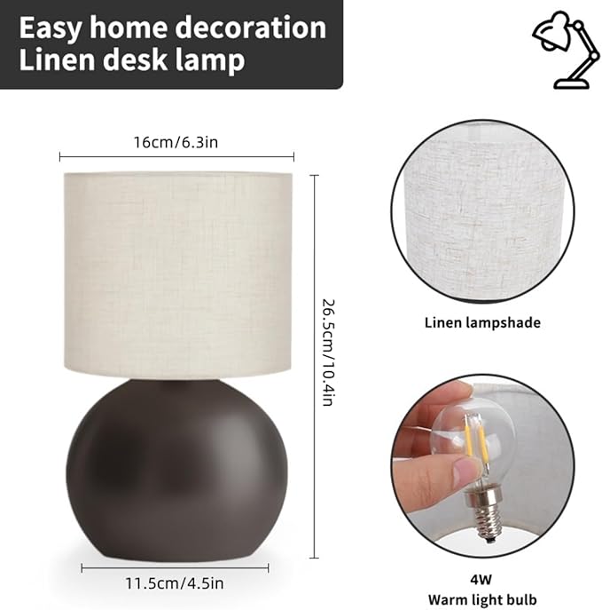 Modern Brown Small Table Lamp with Cotton Linen Shade, 10.4-inch LED Desk Light, One-Button Switch for Bedroom, Living Room, Nightstand, Includes Warm Light Bulb