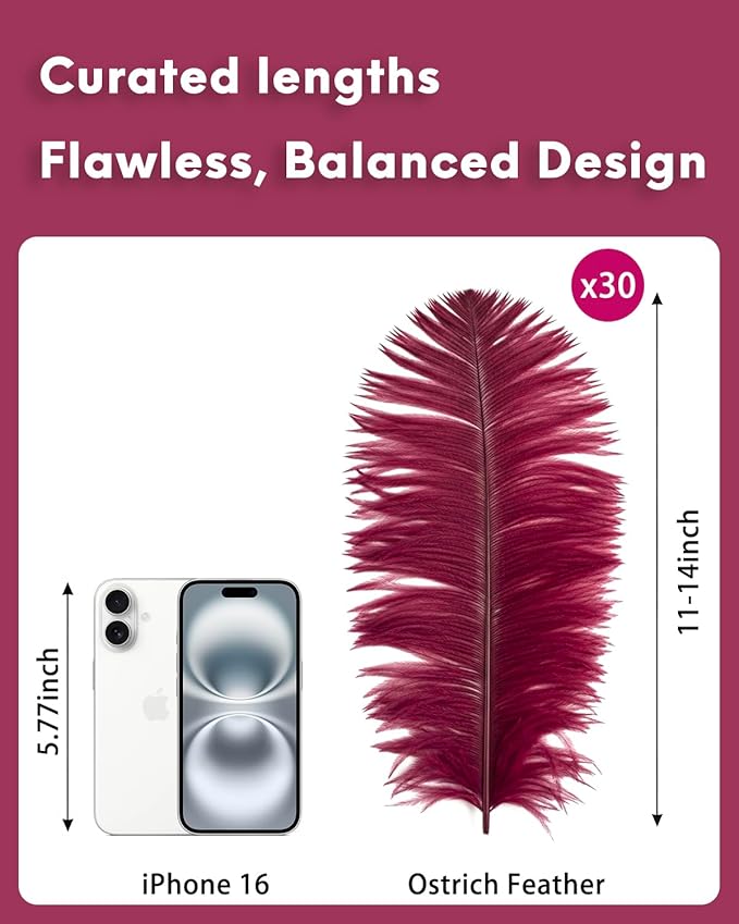 30pcs Wine Red Ostrich Feathers Natural Bulk 11-14inch(28-35cm) Vase Craft Wedding Home Party Centerpieces Christmas Day Decoration