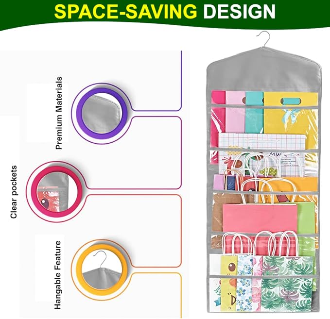 ProPik Hanging Double Sided Gift Bag Storage Organizer with Multiple Front and Back Pockets - Organize Your Gift Wrap, Tissue Paper, and Paper Bags 38 x 16 Inch PVC (Gray)